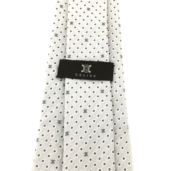 AUTH CELINE Macadam Triomphe Dots 100% Silk Tie White - Picture 7 of 7